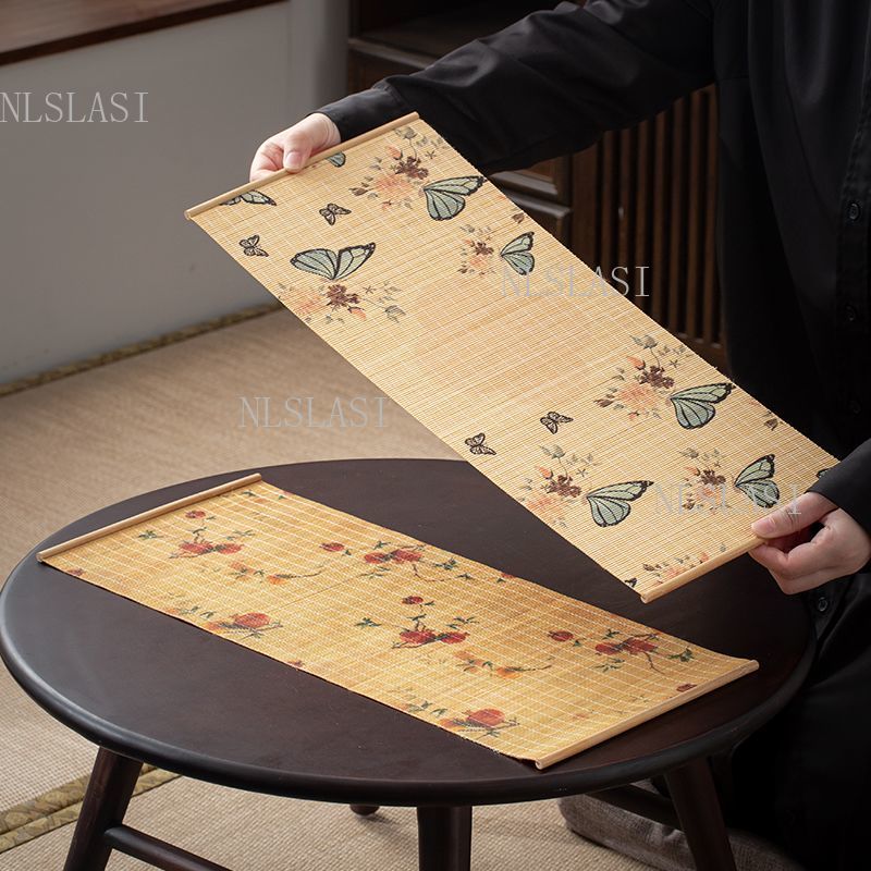 Table Runner - 竹製テーブルランナー、蝶と花の模様がプリントされた中国風のテーブル装飾、お茶の間の装飾に使える吊り下げ式の装飾布、お茶マット。