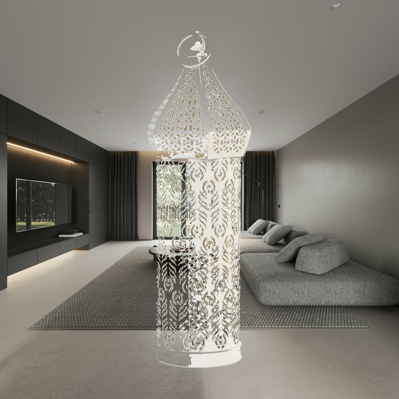 Candle Holder Decor - 白い鉄製のモロッコ風ランタン。ドーム型の天蓋と取っ手が付いており、居心地の良い寝室、リビングルーム、ダイニングテーブルの装飾に最適。