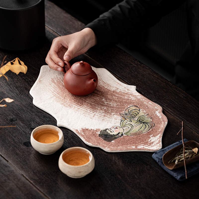 Table Runner - 手描きの柿染め禅風防水ティーマット、古風な絵画模様の茶布、茶道用テーブルランナー