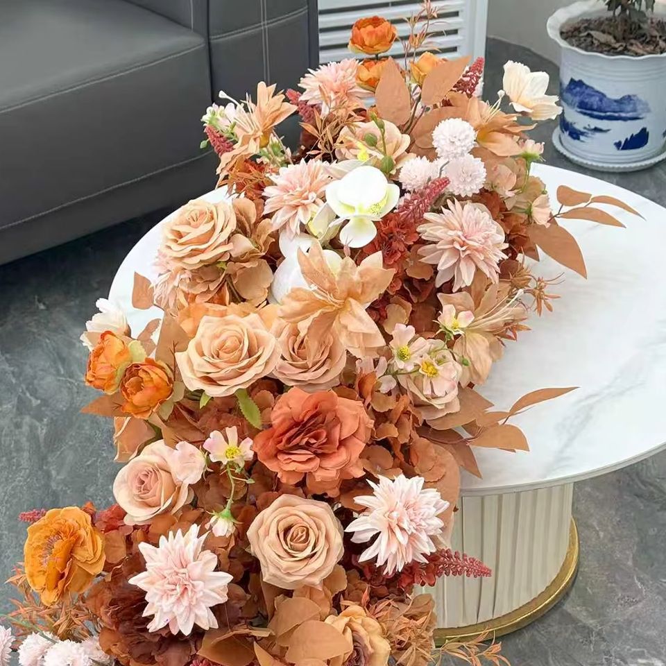Table Runner - 2M高級5Dオレンジキャラメル秋の花柄ランナーフラワーボールウェディング誕生日パーティーテーブルアレンジメント壁飾り背景装飾