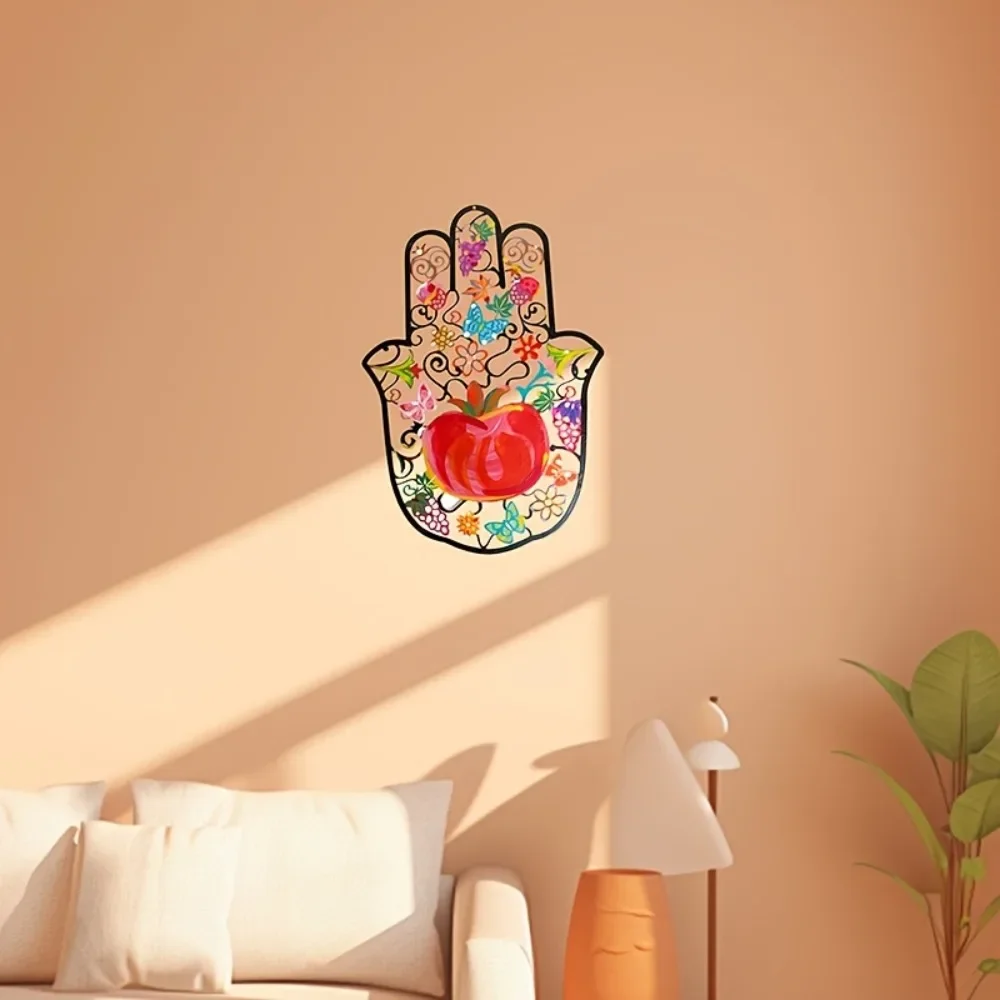 Wall Art - CIFBUY ハムサの手の形をした金属製の壁飾り。カラフルなザクロ、花、蝶のモチーフが描かれた2Dカットアウトで、お部屋のインテリアや装飾として最適。