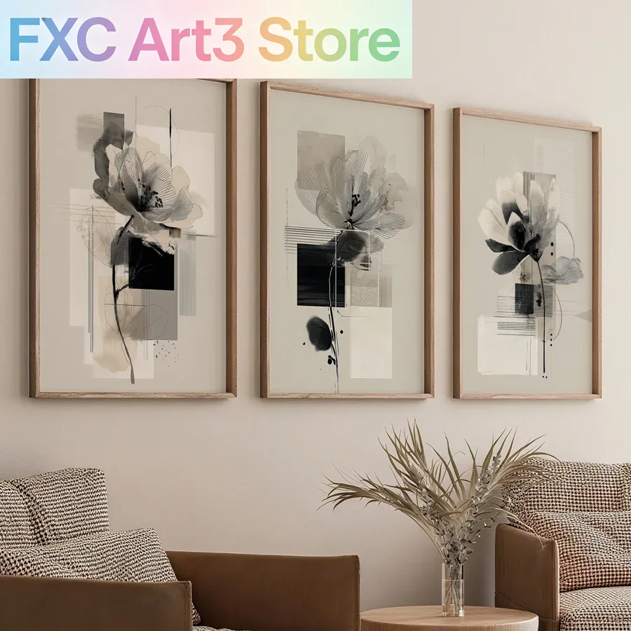 Abstract Canvas Set - 3枚/セット フレームレス、抽象的なモダンな花柄アート絵画、ベージュと黒のミニマリスト植物壁飾り、ニュートラルトーンのギャラリー装飾
