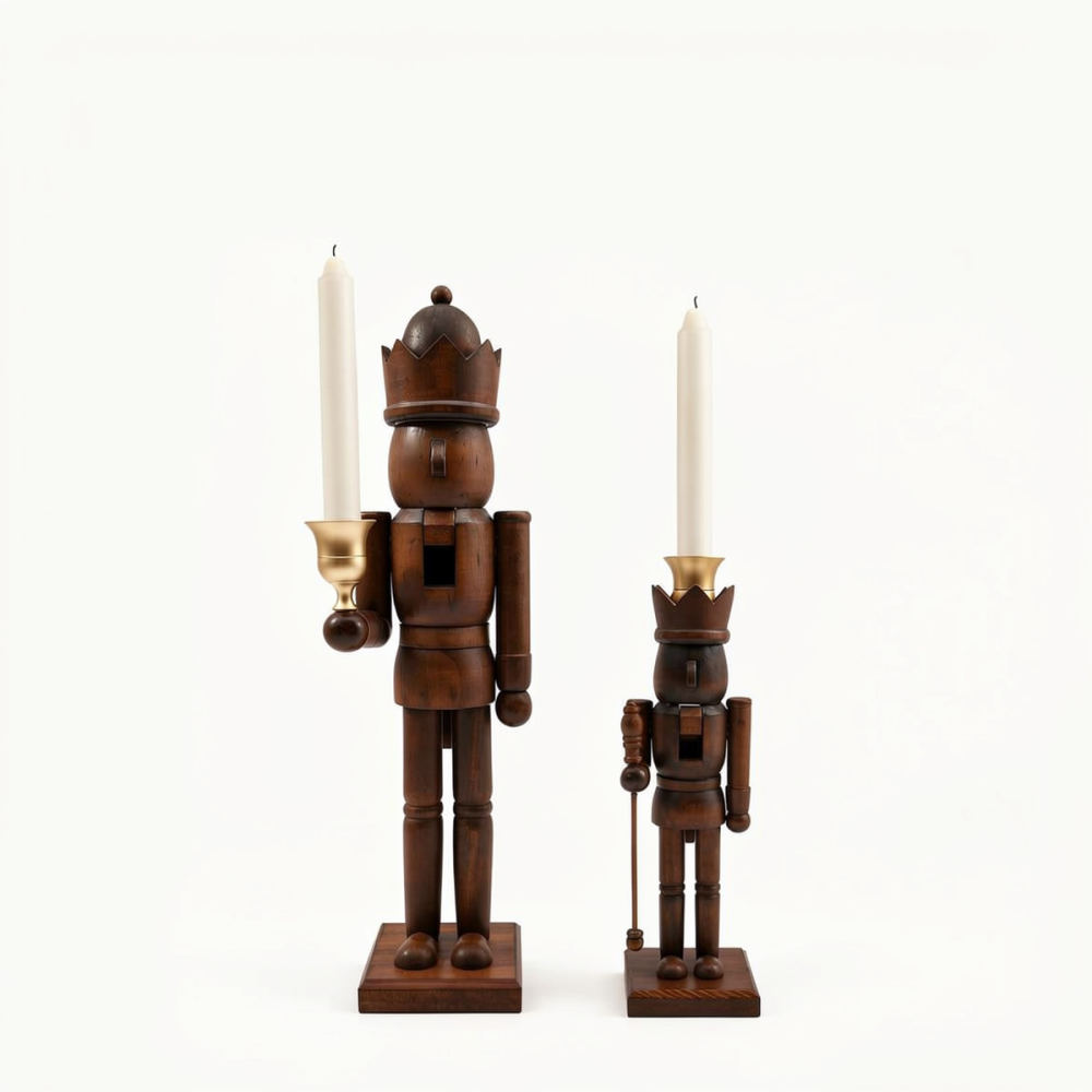 Candle Holder Decor - アンティーク調のくるみ割り人形と金色のキャンドルホルダー。木製のクリスマスオーナメントで、お祝いのテーブルを飾り、クリエイティブなホリデーギフトや卓上アートとして最適。