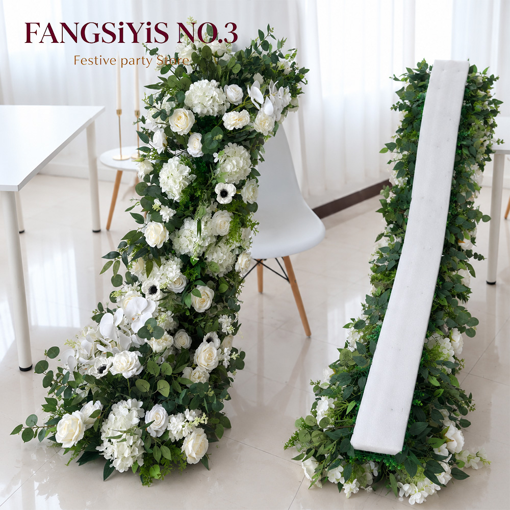 Table Runner - 高級感あふれる白と緑のバラとアジサイの花材。1m/2mのウェディングアーチ、テーブル装飾、フラワーアレンジメント、パーティー用品として最適。
