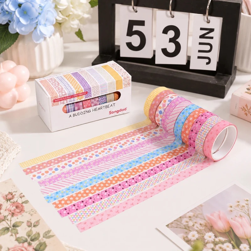 Wall Sticker - 10個入り、パステルカラーの花柄和紙テープ、幅8mm、長さ2m。様々な花柄、チェック柄、ドット柄、ストライプ柄のアソート。ジャーナル、スクラップブック、DIYクラフト、ボーダー装飾、ギフトに。