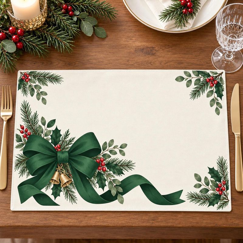 Table Runner - VIKAMA ダークグリーンのリボンと金のベル、そしてクリスマスベリーをあしらったテーブルランナーとプレースマットのセット。クリスマスディナーのテーブルを飾るのに最適なリネン生地。