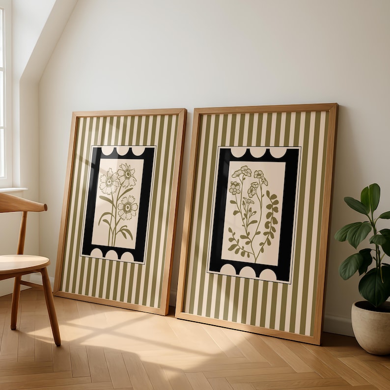 Abstract Canvas Set - 2枚セット ボヘミアンスタイル 植物アート キャンバスプリント ミニマリスト ストライプ