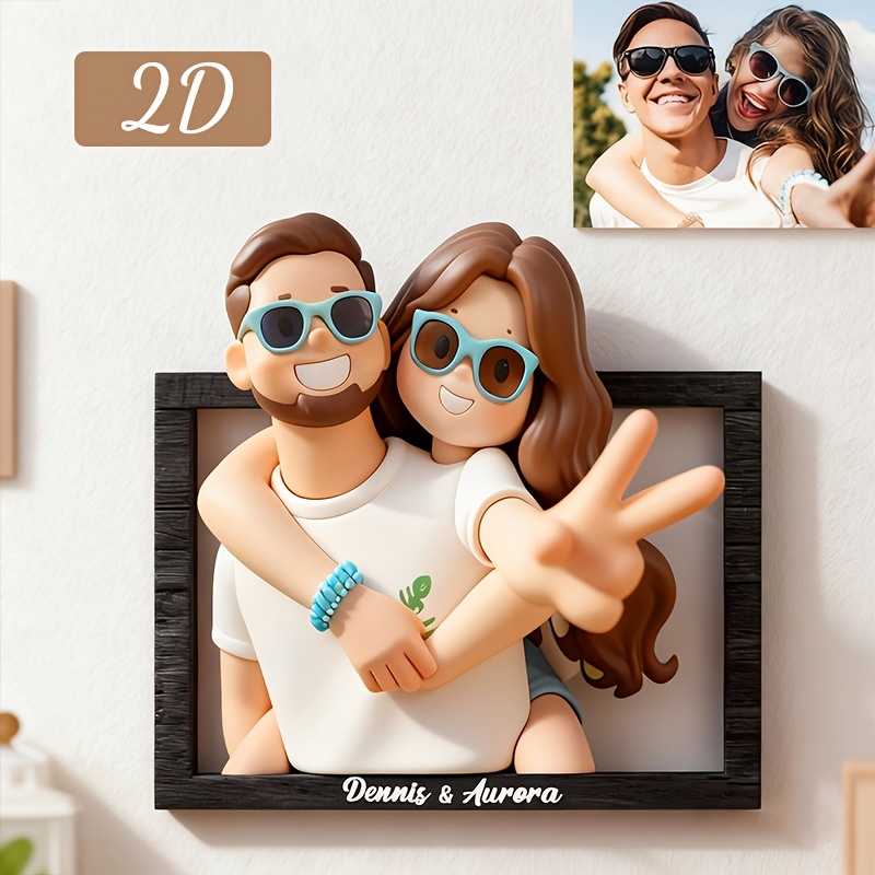 Picture Frame - パーソナライズされた3D漫画風フォトフレーム。記念日、結婚、バレンタイン、誕生日などのプレゼントに最適な、カップルのポートレート写真を入れられる木製のサインボード。