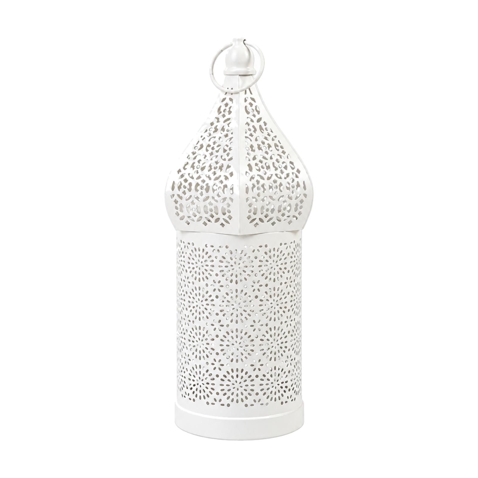 白い鉄製のモロッコ風ランタン。ドーム型の天蓋と取っ手が付いて - Candle Holder Decor のレビューと価格