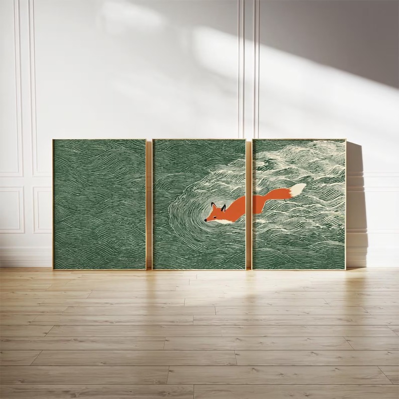 フレームレスキャンバス絵画3枚セット 日本の狐と海のウォール - Abstract Canvas Set のレビューと価格