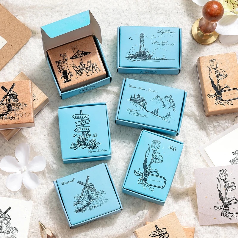 ヴィンテージ風の木製ゴム印。レトロな風景、灯台、花柄のデザイ - Wall Sticker のレビューと価格