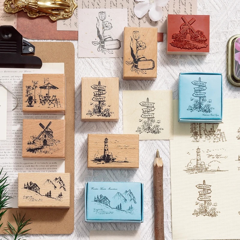 ヴィンテージ風の木製ゴム印。レトロな風景、灯台、花柄のデザイ - Wall Sticker のレビューと価格