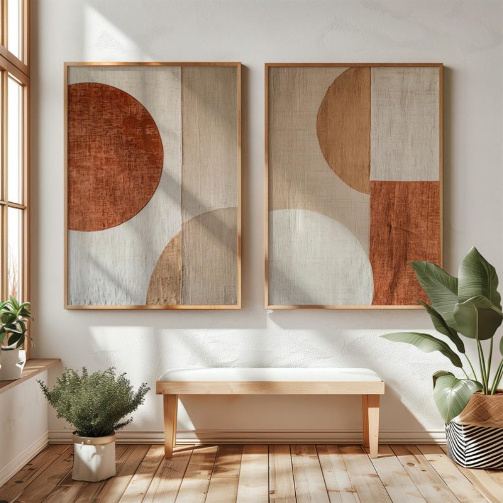 フレームレスキャンバス絵画2枚セット ベージュの抽象的な幾何 - Abstract Canvas Set のレビューと価格