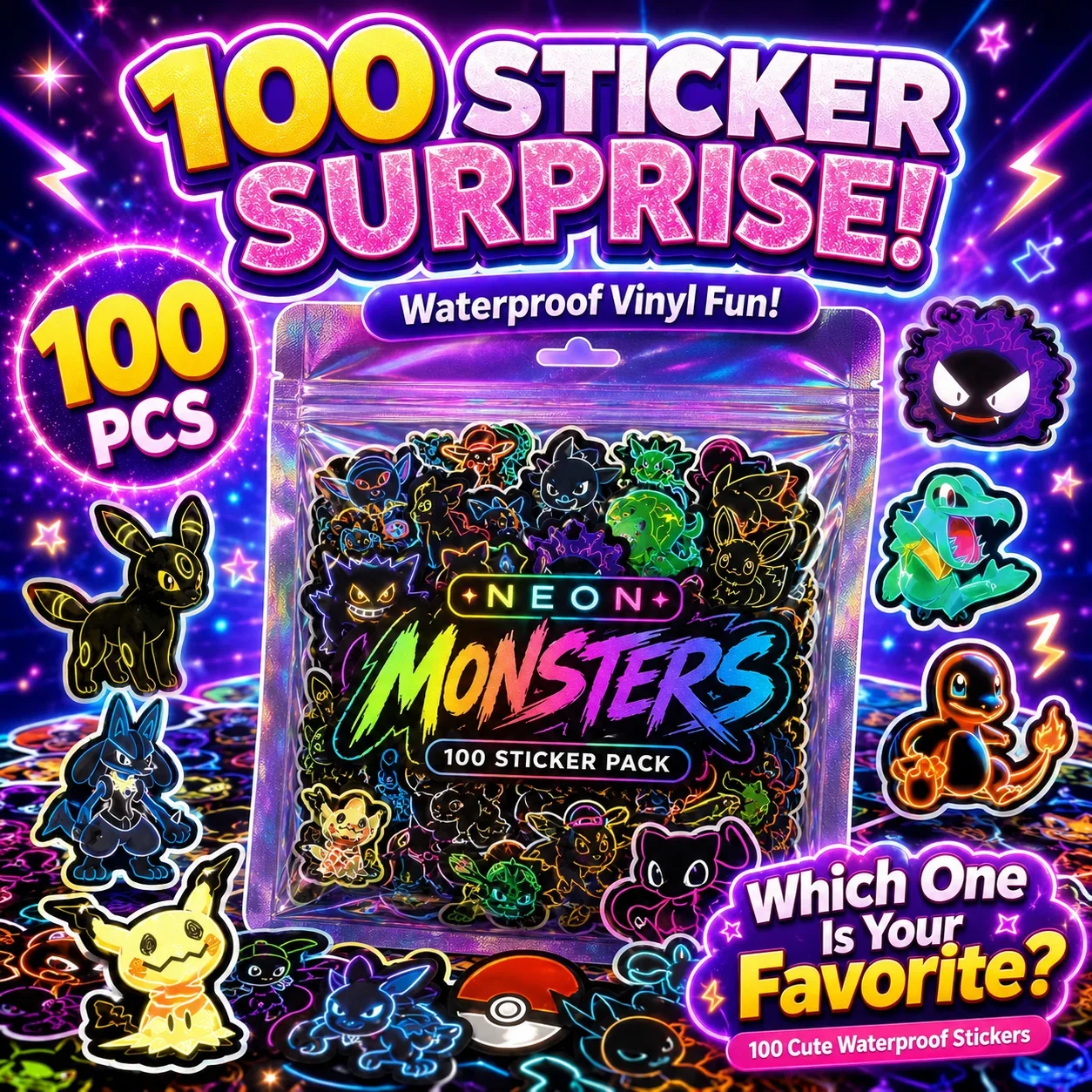 100個入り ネオンカラー ポケモン ステッカー 防水 DI - Wall Sticker のレビューと価格